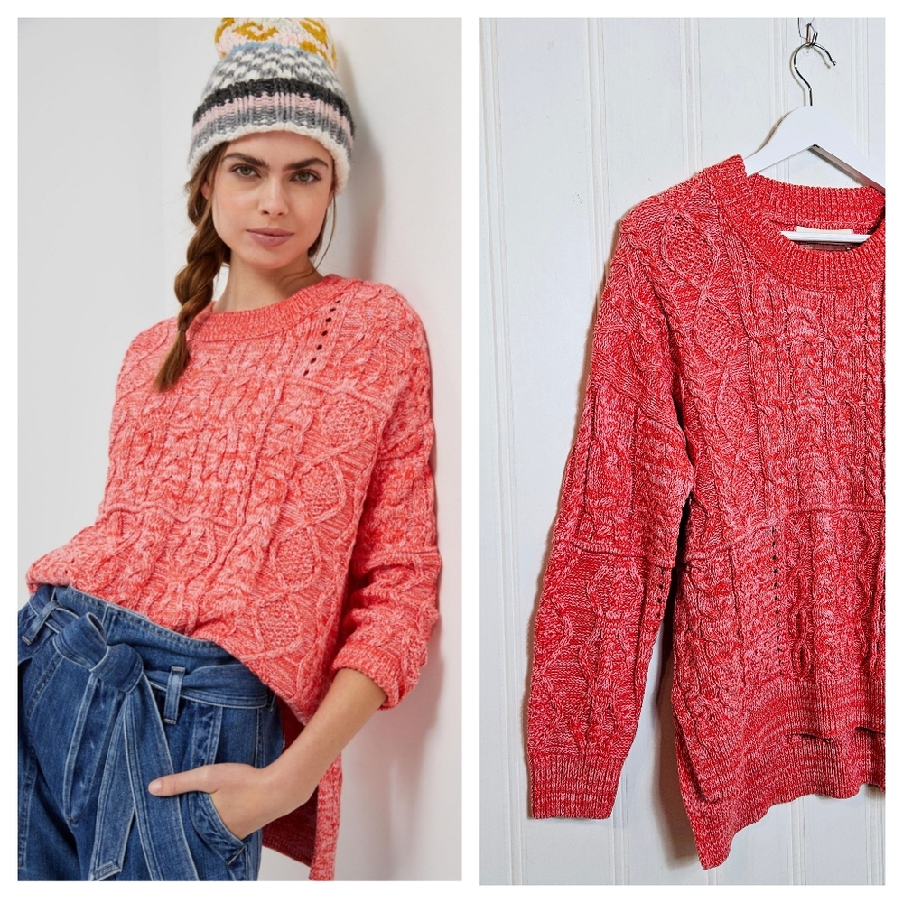 Anthropologie Pilcro Jasmine Cable Knit Tunic Sweater XS Oversized Pink Coral